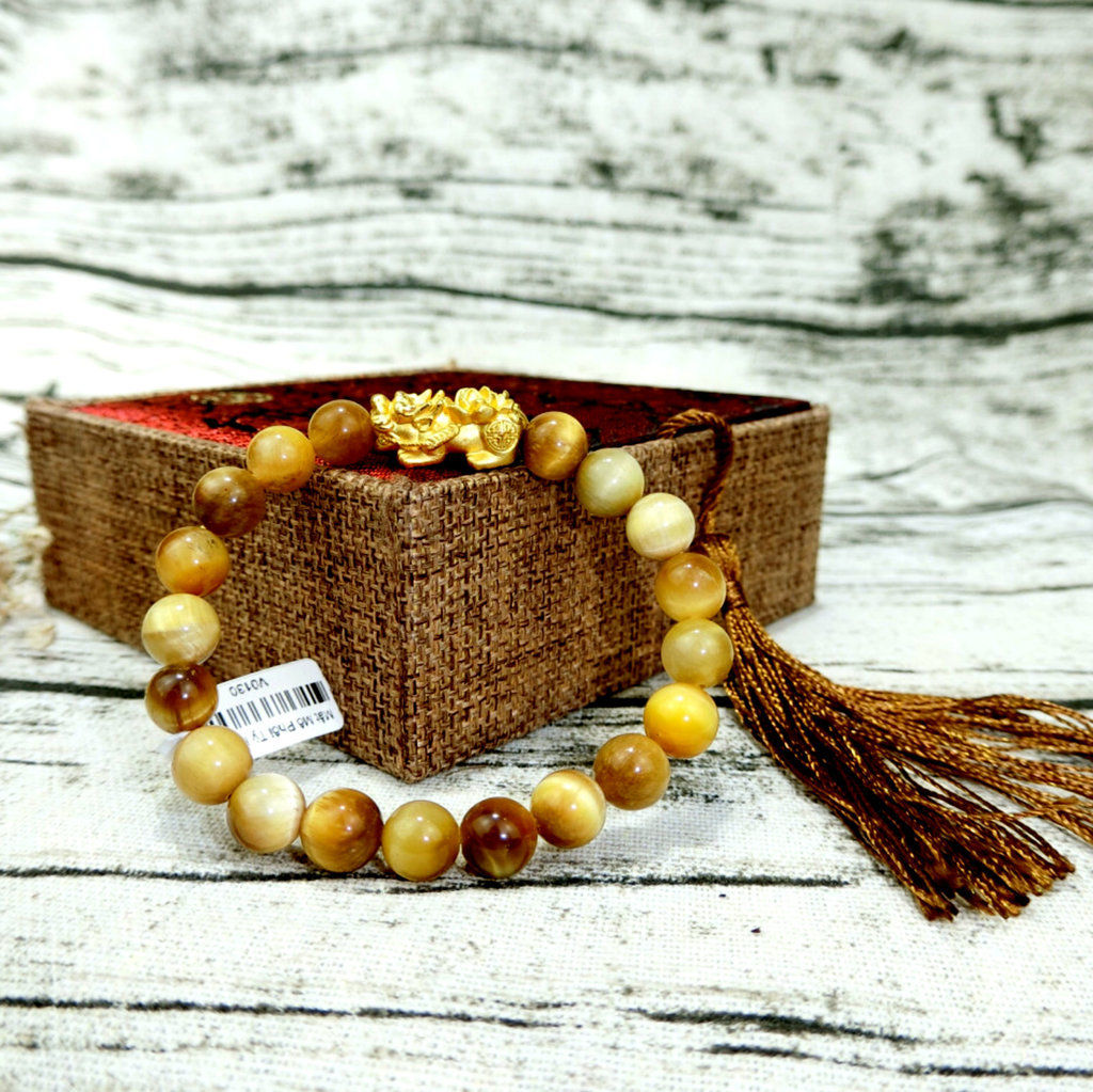 Vòng Tay Phong Thủy Mắt Hổ Ánh Trăng Tỳ Hưu Vàng 24 K - Hợp Mệnh Thổ , Kim - Tăng Vượng Khí - Chiêu Tài Bốn Phương
