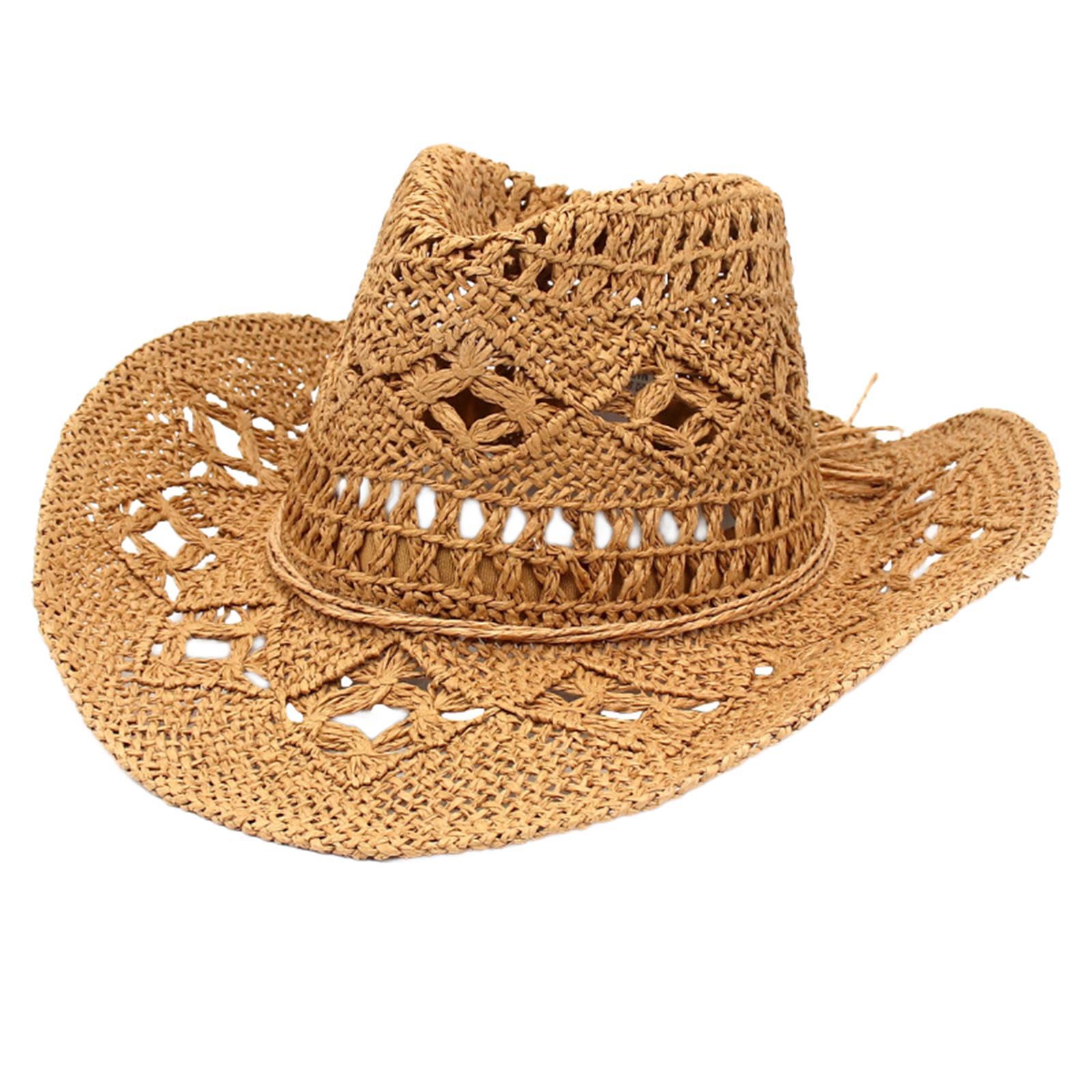 Straw Cowboy Hat Handmade Weave Straw Hats Wide  Hat for Holiday Khaki