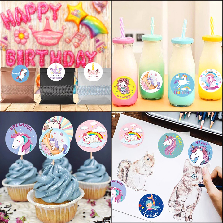 Sticker khen thưởng cho bé, cuộn 500 sticker Unicorn với nhiều họa tiết đáng yêu cho bé trang trí tập sách và góc học tập – SST014
