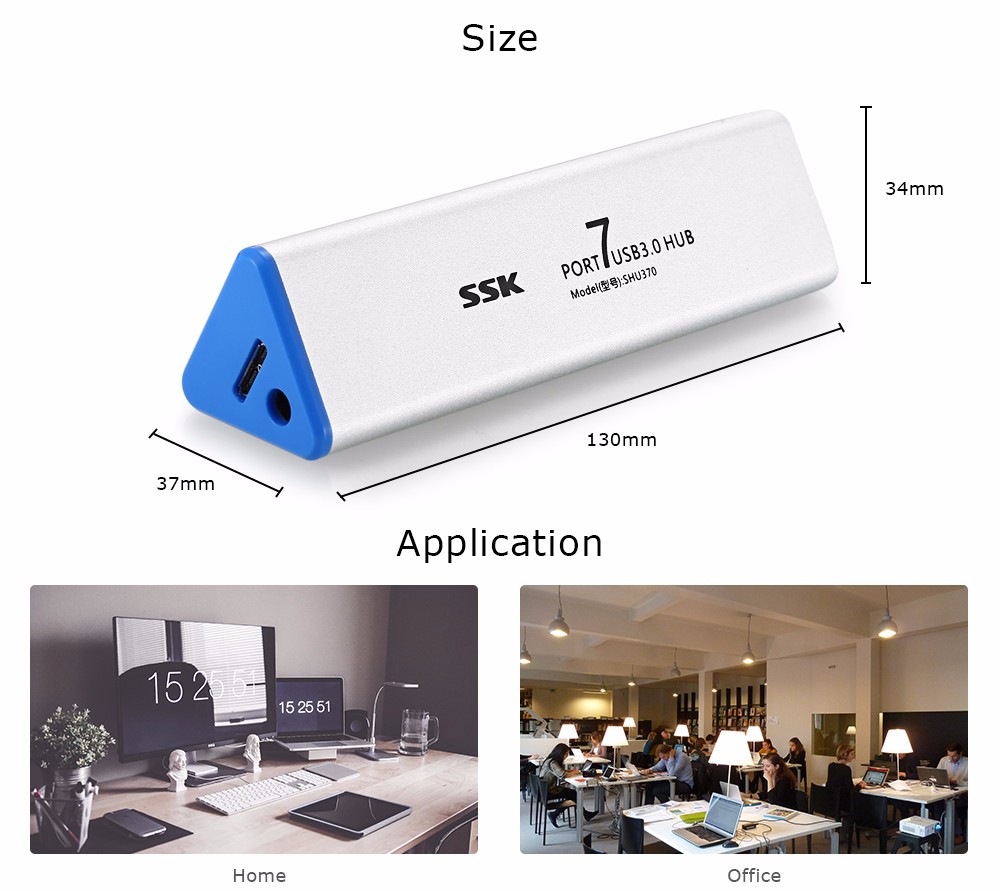 Bộ Chia HUB USB 7 Port 3.0 Vỏ Nhôm, Có Cấp Nguồn SSK 370 - Hàng Chính Hãng