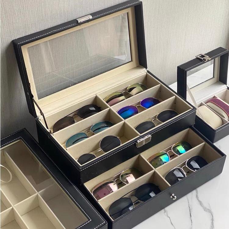 Hộp đựng đồng hồ và mắt kính trang sức 6/10/12/24 ngăn 2 tầng cao cấp