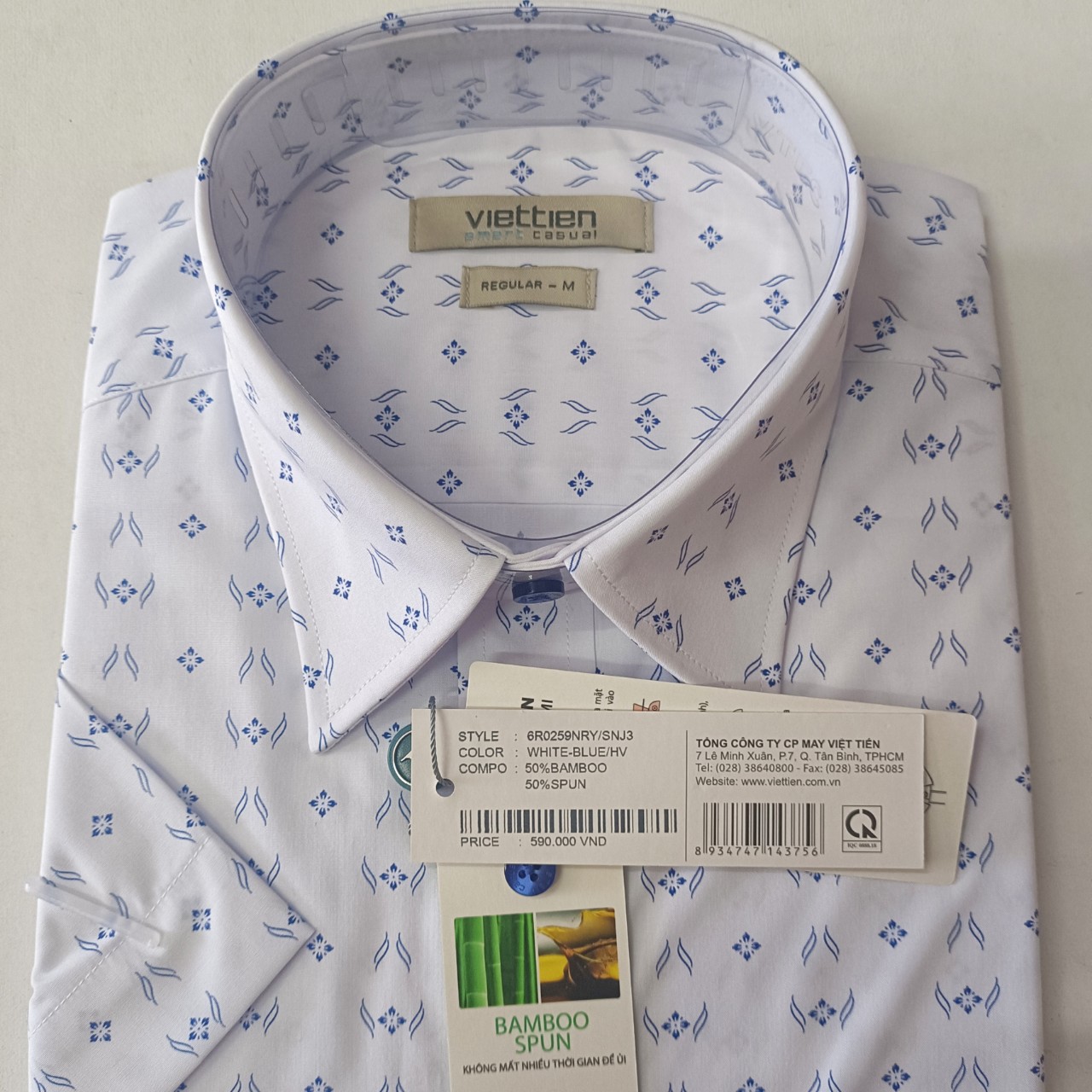 Viettien Áo sơ mi nam Việt Tiến Smart Casual ngắn tay vạt ngang- xẻ sườn Mã 6R 0259 NRY/SNJ3, sợi tre, ít nhăn, bền màu, thoáng khí