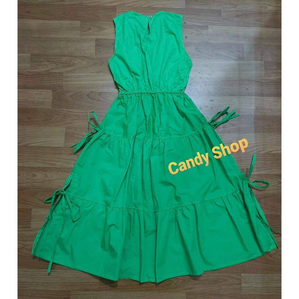 Đầm xanh lụa nhún bèo khoét eo cao cấp