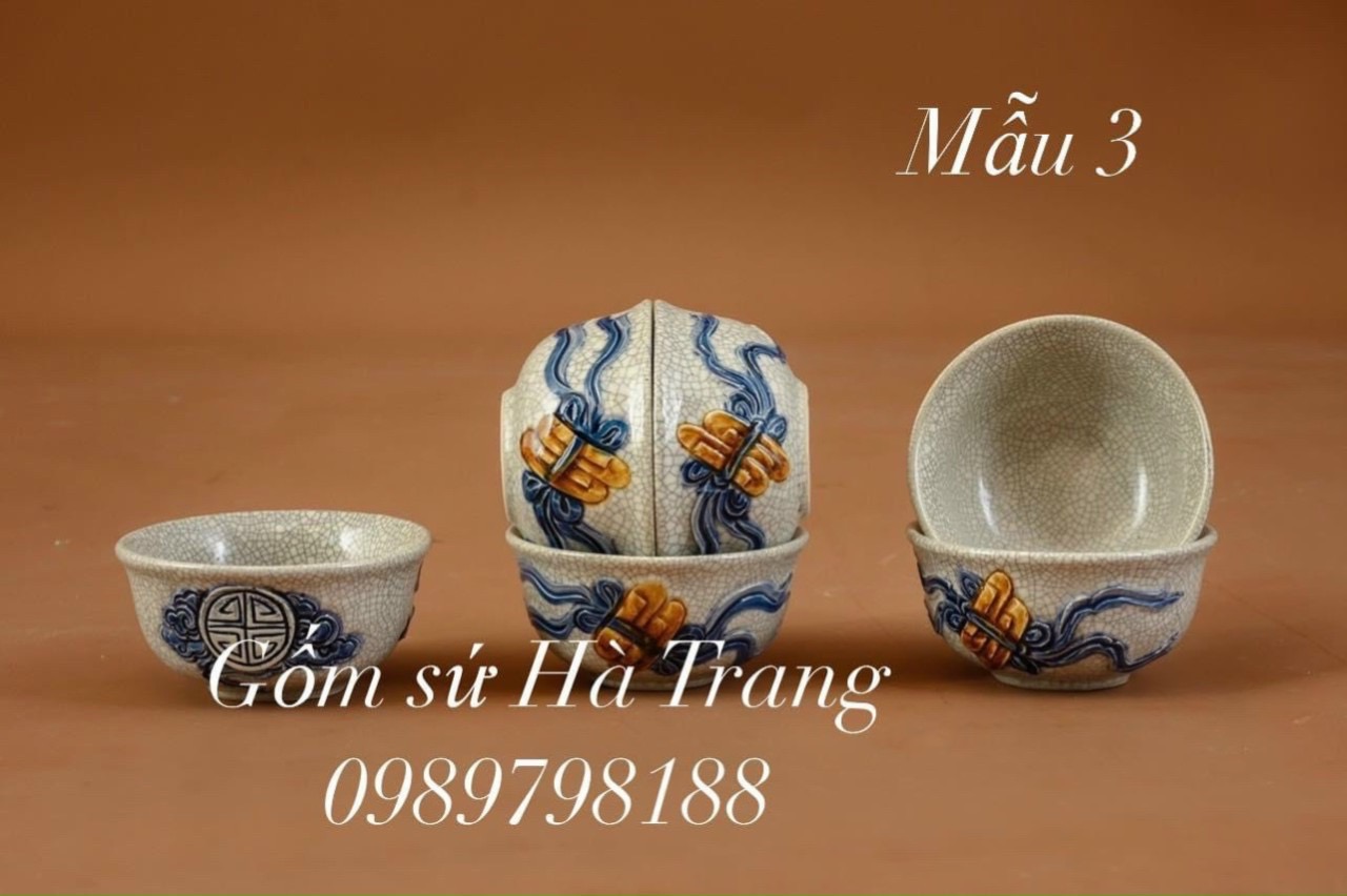 Combo 6 bát thờ cúng gốm sứ Bát Tràng cao cấp men rạn hoạ tiết nổi mẫu 3