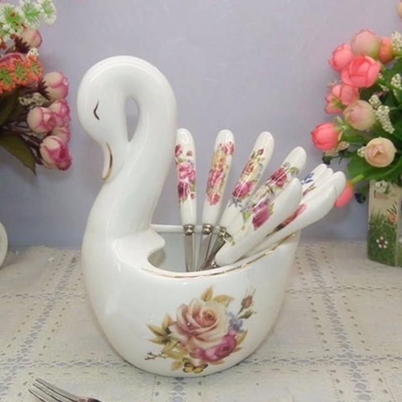 Giỏ sứ thiên nga đựng thìa , rĩa sang trọng___