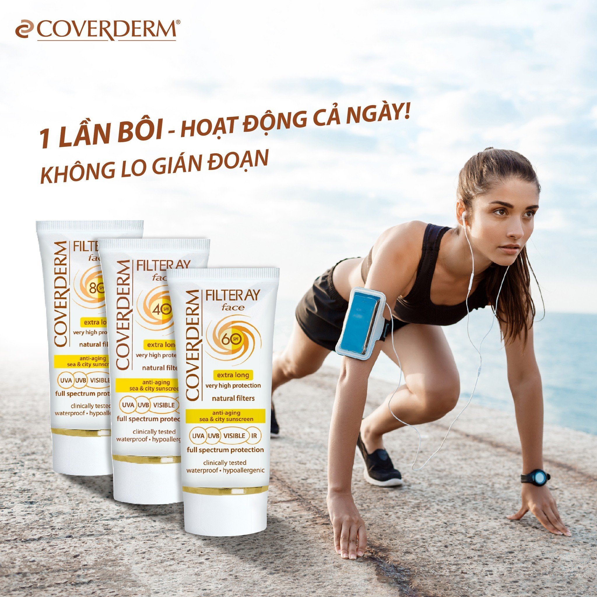 Kem Chống Nắng Vật Lý 1 Lần Bôi COVERDERM FILTERAY Chống Nước, Chống 4 Loại Tia UVA/UVB/HEV/IR Dung Tích 50ml (Có Màu và Không Màu) SPF 40,60,80