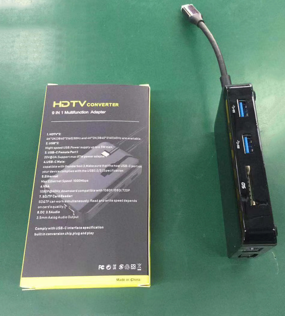 Hub chuyển đổi USB Type-C 9in1-1 - HDMI x 2, VGA x 1, LAN 1000Mbps x 1, PD