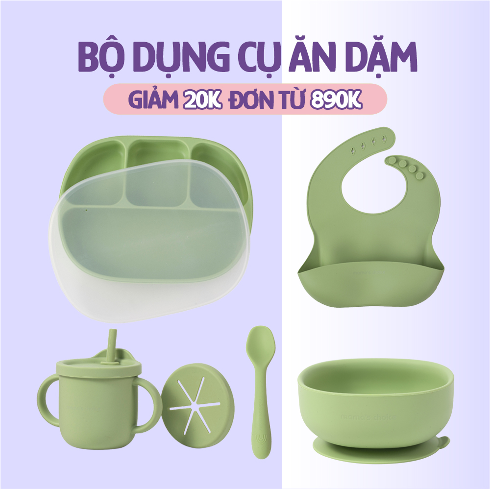 Bộ Ăn Dặm Cho Bé Thương Hiệu Mama's Choice, Combo Ăn Dặm Bát-Khay-Yếm-Thìa-Cốc Silicone Cao Cấp