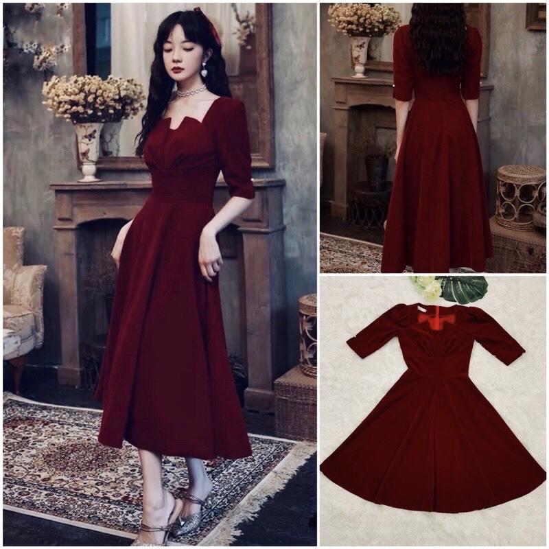 VÁY NHUNG ĐỎ ĐÔ DÁNG XOÈ DÀI 106cm