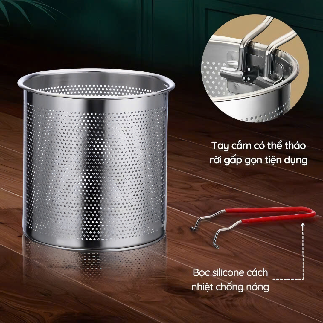 Bộ nồi chiên nhúng ngập dầu inox304 cao cấp có tay cầm tiện dụng 26.3x12cm (Tặng kèm 1 món quà tri ân)- Hàng chính hãng