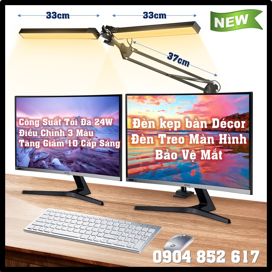 Đèn Bàn Kẹp Gấp Gọn LED đôi 2 cánh tay dài, Đèn treo màn hình máy tính, bảo vệ mắt, học tập, làm việc, decor, Spa, Nail