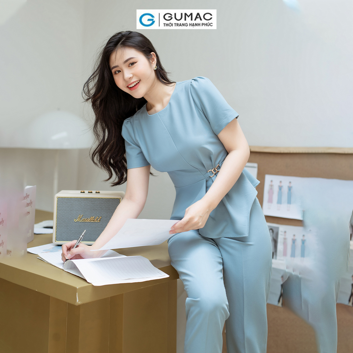 Áo kiểu dáng Peplum phối phụ kiện vải cotton lạnh GUMAC AD08036