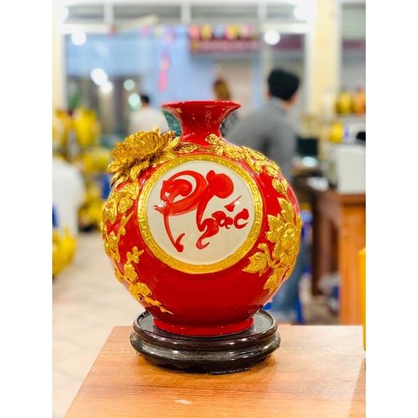 Bình hút tài Lộc H28cm, họa tiết đắp- dát vàng kim. Gốm sứ Bát Tràng cao cấp.