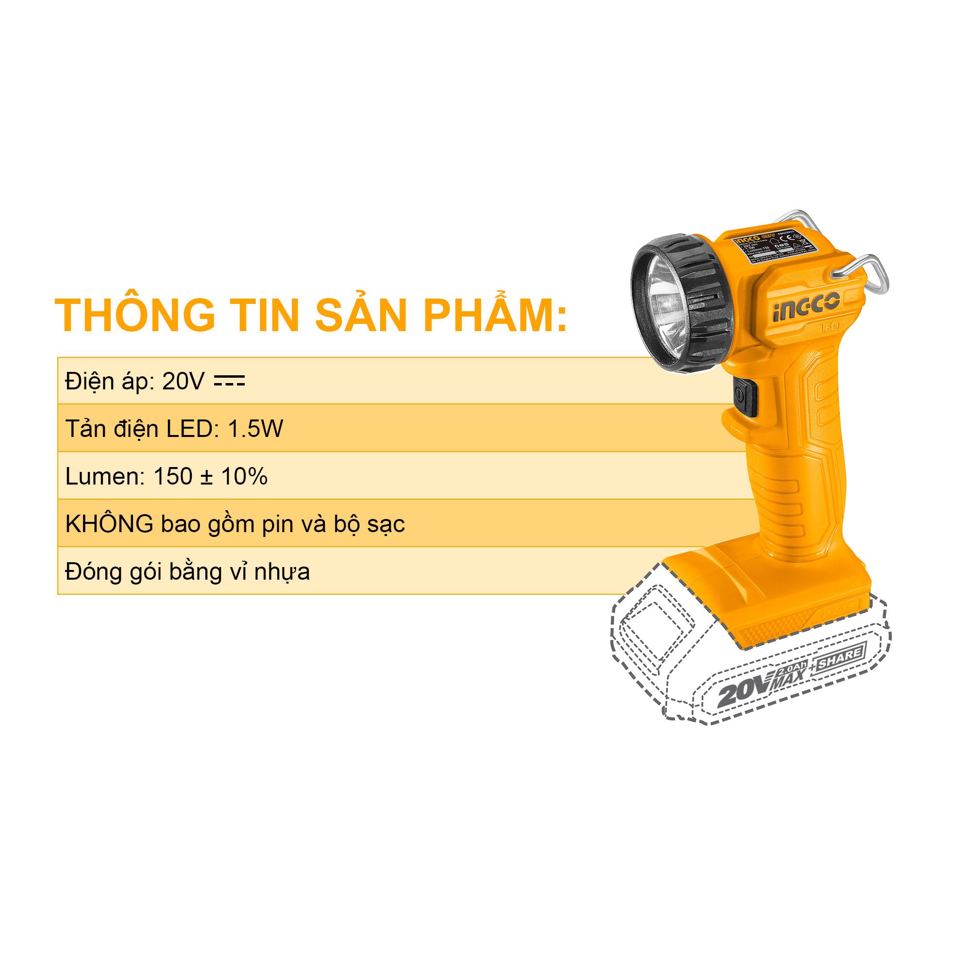 Đèn làm việc bóng LED dùng pin sạc INGCO CWLI2023 (chưa bao gồm pin và sạc)