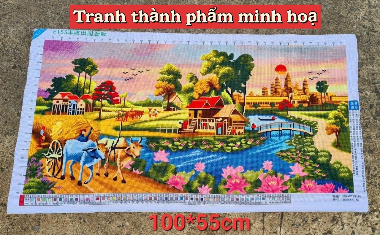Tranh thêu kín Phong cảnh làng quê E155, kích thước 100 x 55 cm