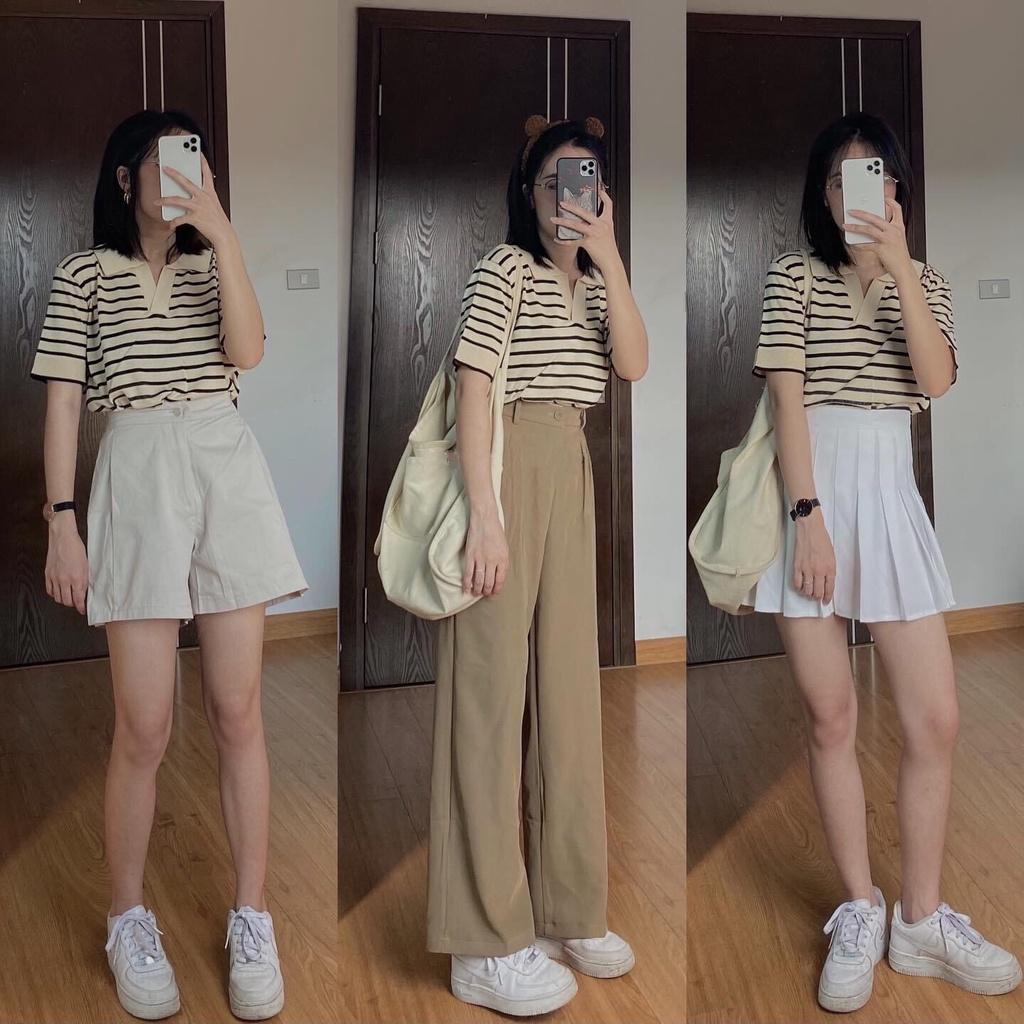 Áo len kẻ ngang cổ bẻ