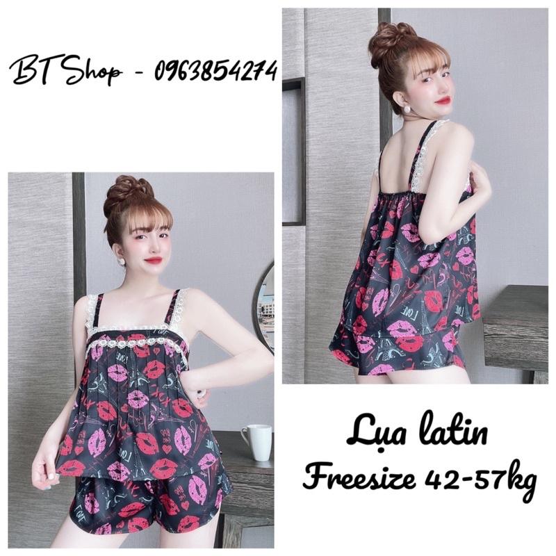 Đồ bộ ngủ mặc nhà lụa latin hoạ tiết phối ren quần đùi freesize 42-57kg