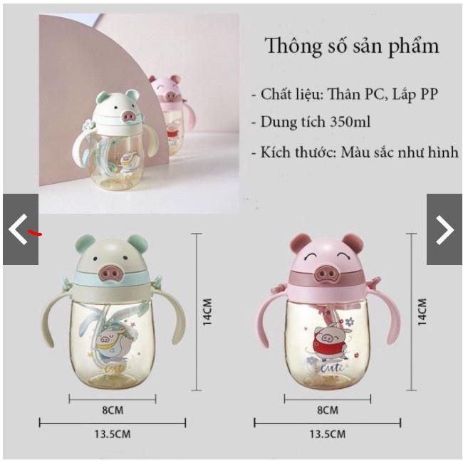 Bình tập uống nước hình con heo đang yêu cho bé 350ml (có quai