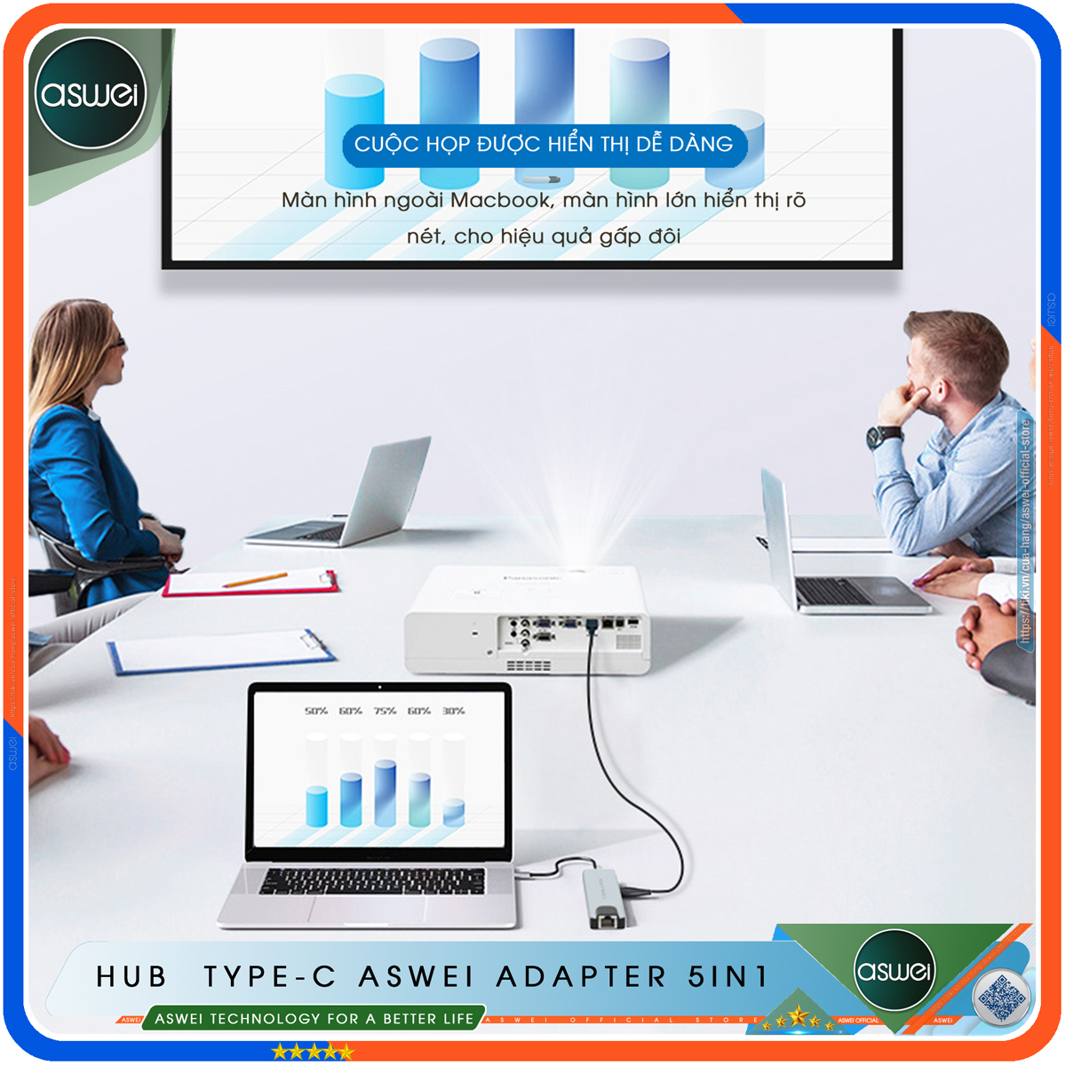 Hub Type C ASWEI 5 in 1 To HDMI, USB 3.0, Lan RJ45, PD 100W - Hub Chuyển Đổi USB Type C 5 Cổng - Cổng Chia USB, Ổ Chia USB Tốc Độ Cao Dành Cho Macbook, Laptop, PC, Máy Tính Bảng, Điện Thoại - Hàng Chính Hãng
