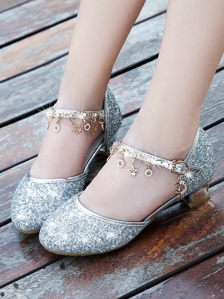 Giày cao gót cho bé gái 4 - 12 tuổi thời trang màu bạc kim sa lấp lánh mặc váy công chúa siêu xinh GE62