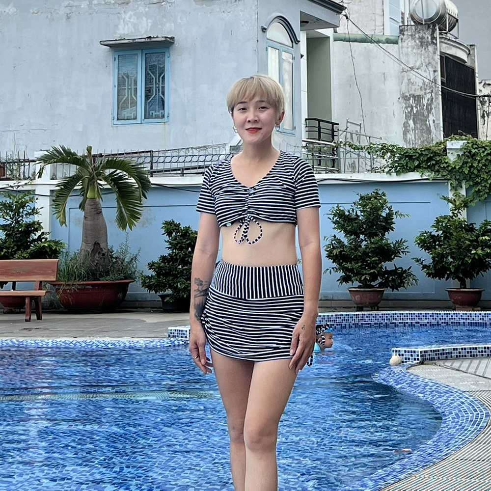 Đồ bơi nữ bikini 2 mảnh kín đáo tay ngắn áo croptop phối quần chân váy cạp cao dây rút tôn dáng đi biển QP015