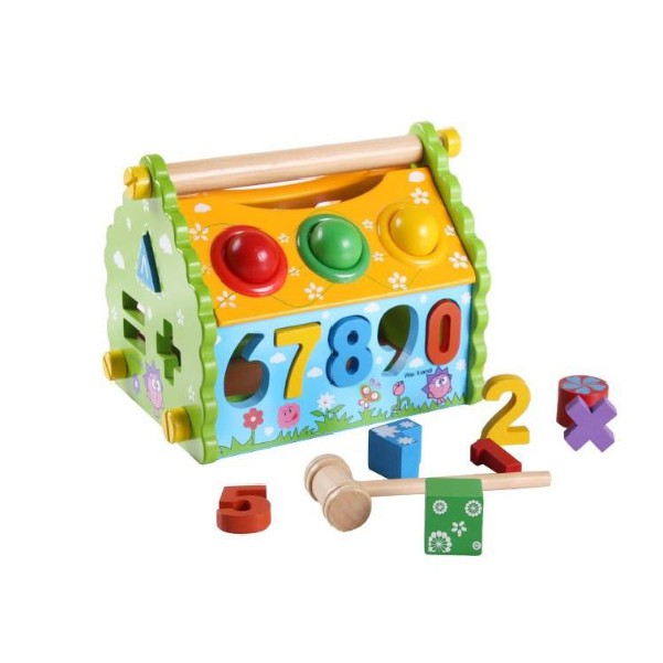 Đồ chơi nhà đập bóng thả số hình khối gỗ đa chức năng, đồ chơi lắp ghép ngôi nhà trí tuệ cho bé