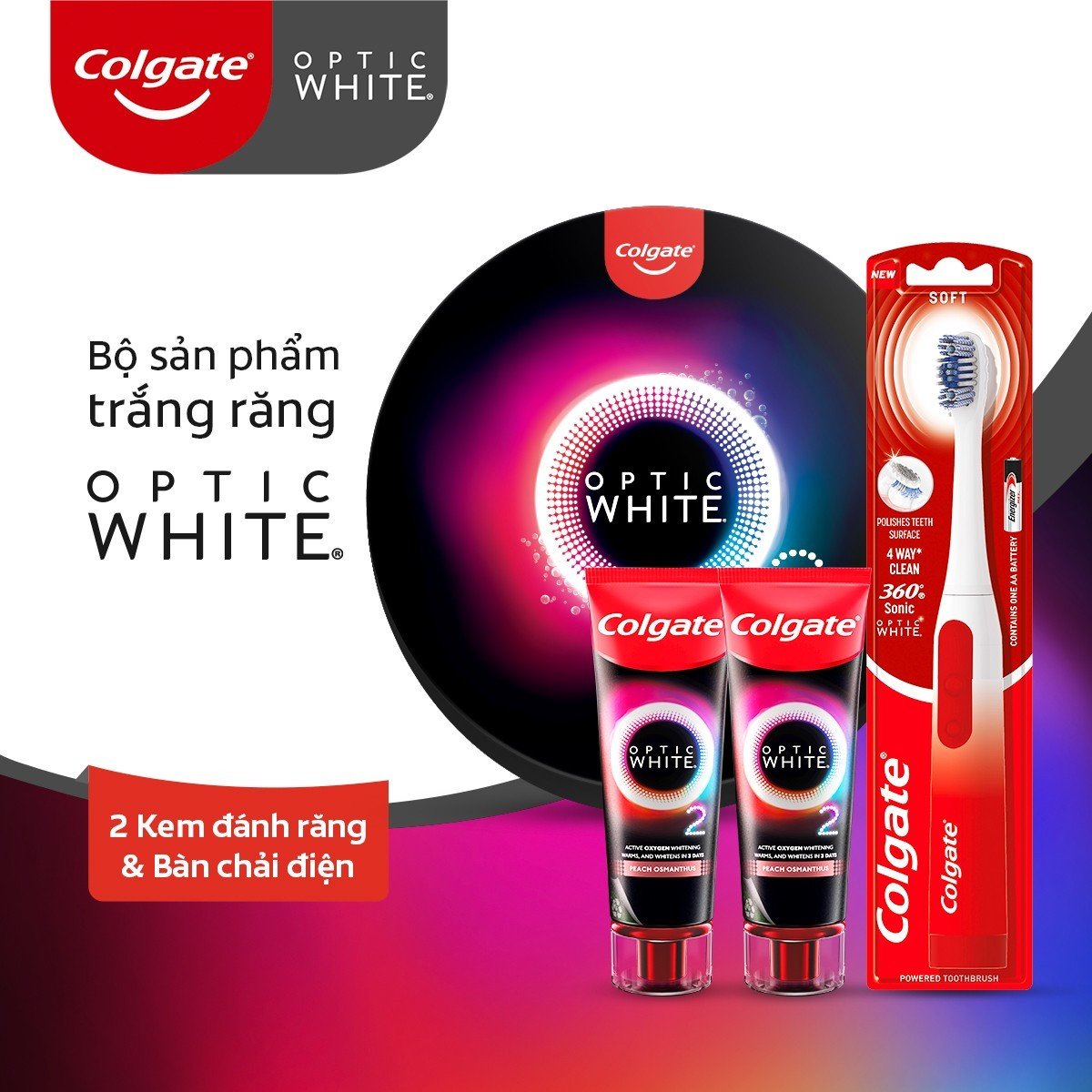Combo bàn chải điện Colgate Sonic Optic White và 2 kem đánh răng Colgate Optic White O2 85g trắng răng 3 ngày