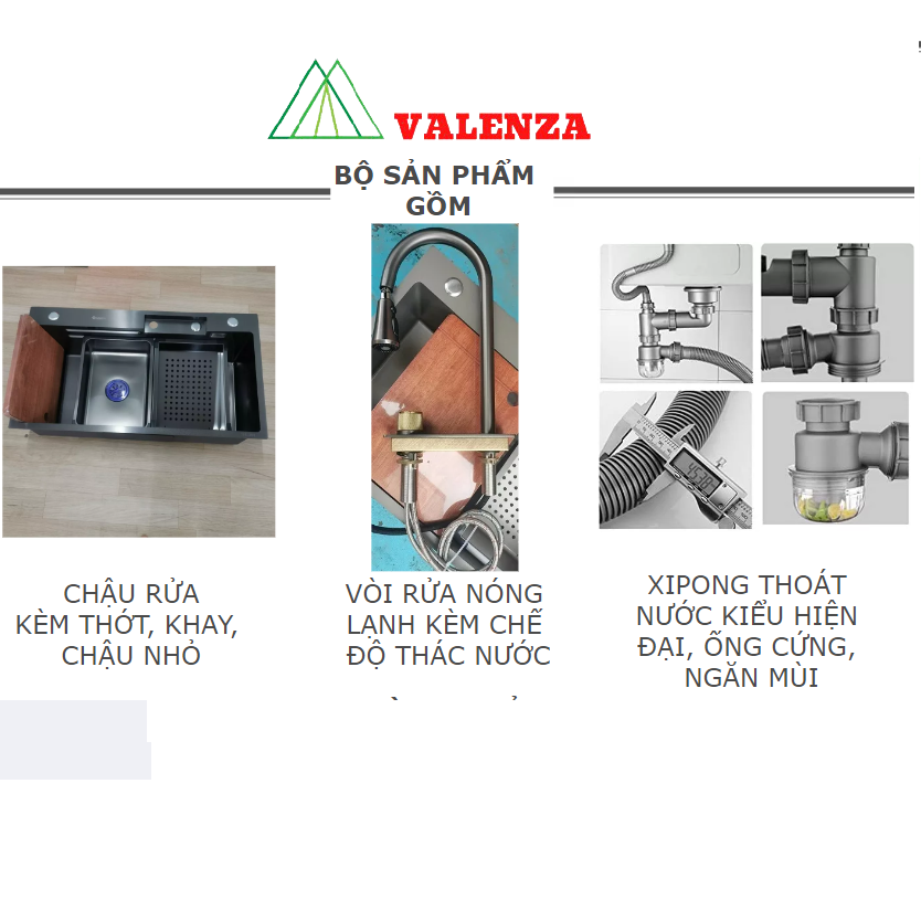 Bồn chậu rửa chén bát 1 hố lớn nano đen Valenza kèm vòi liền thác nước + vòi rút dây 3 chế độ, 2 khay phụ inox, thớt gỗ, bộ xả to-Hàng chính hãng