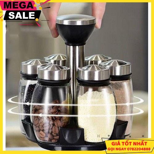Bộ 6 Lọ Đựng Gia Vị Thủy Tinh Kèm Giá Để Xoay 360 Độ - Giao Hàng Toàn Quốc