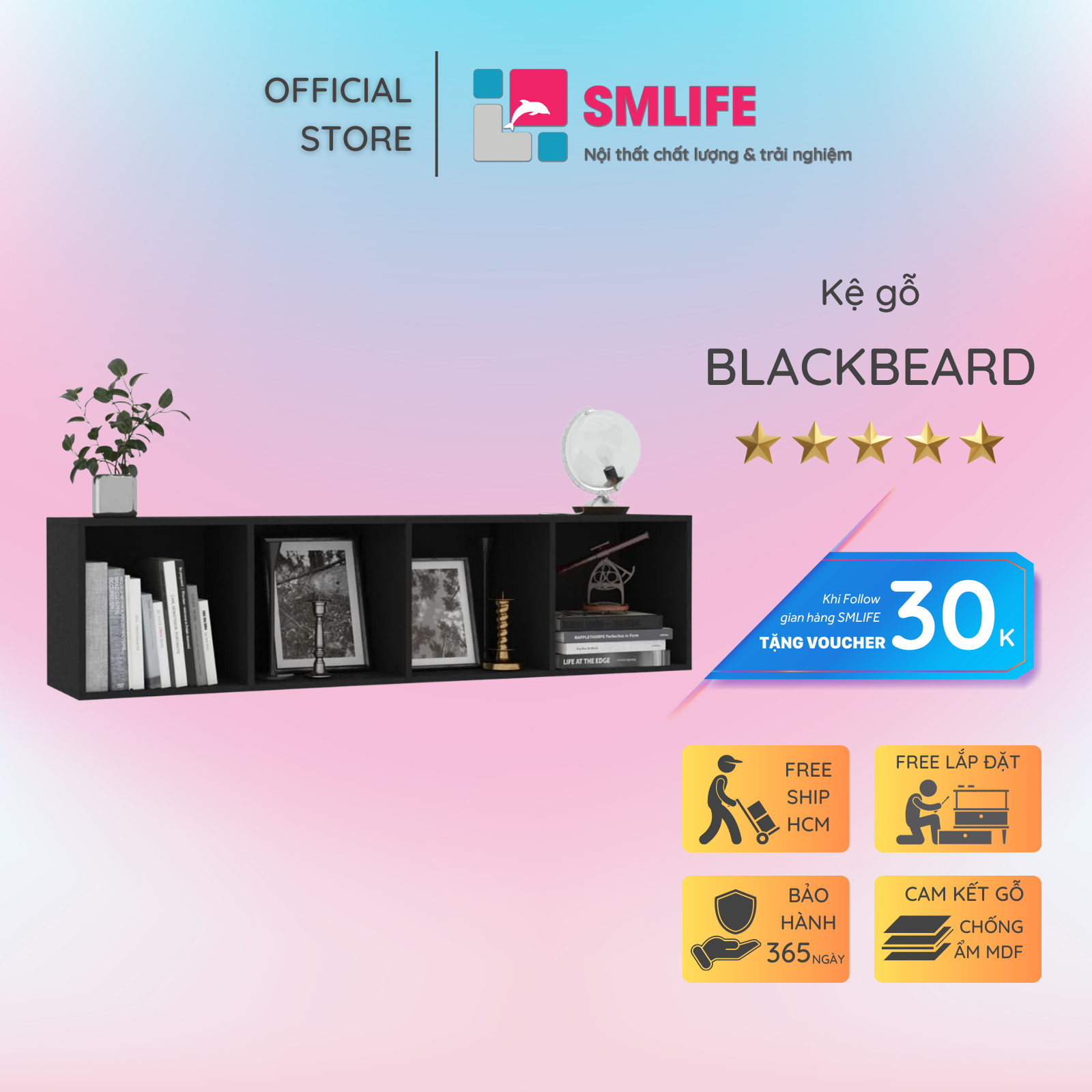 Giá sách bằng gỗ chất lượng cao và tiện dụng SMLIFE Blackbeard