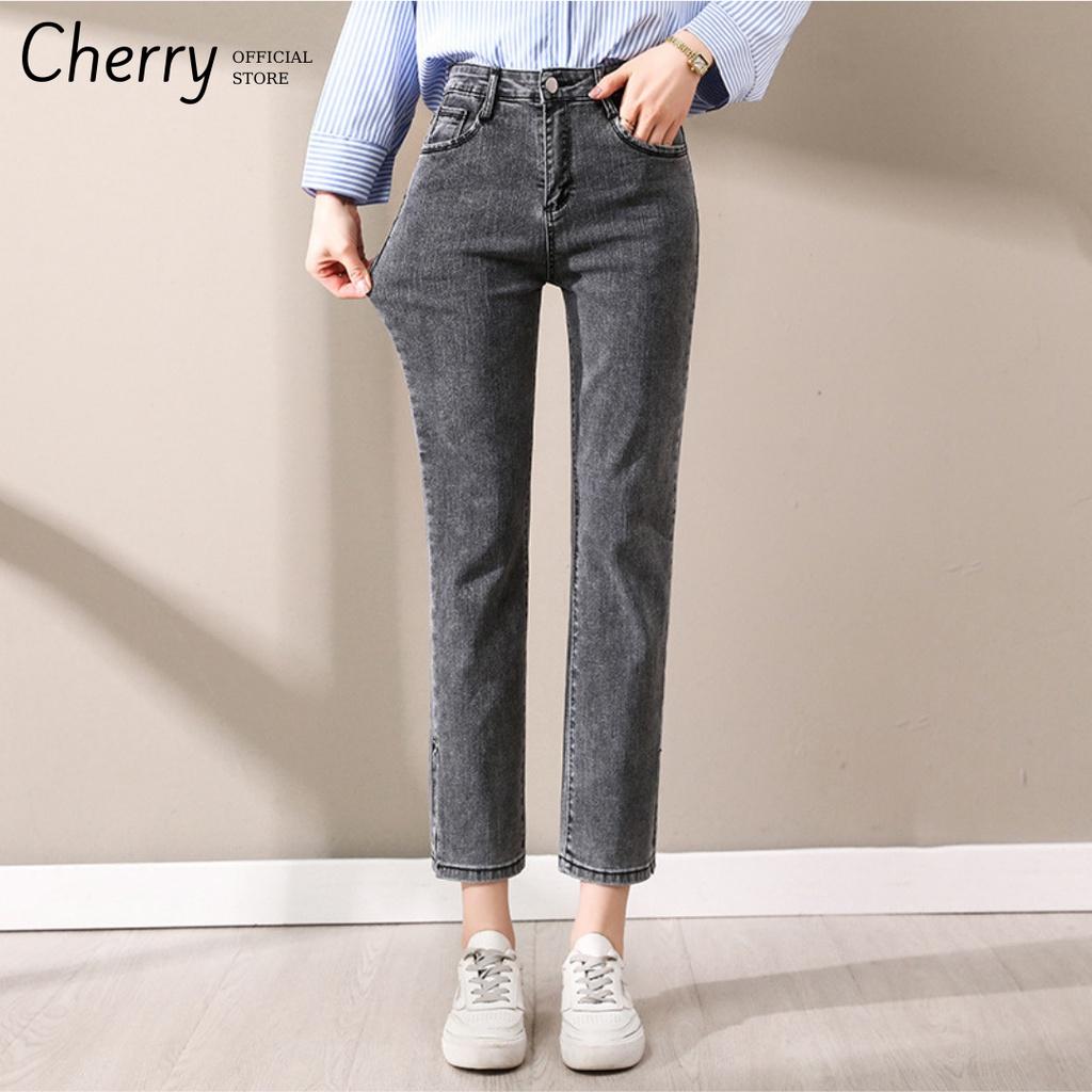 Quần jean nữ ống đứng dáng lửng co giãn cao cấp phong cách Hàn Quốc, quần bò nữ ống ngắn suông có co giãn CHERRY T029