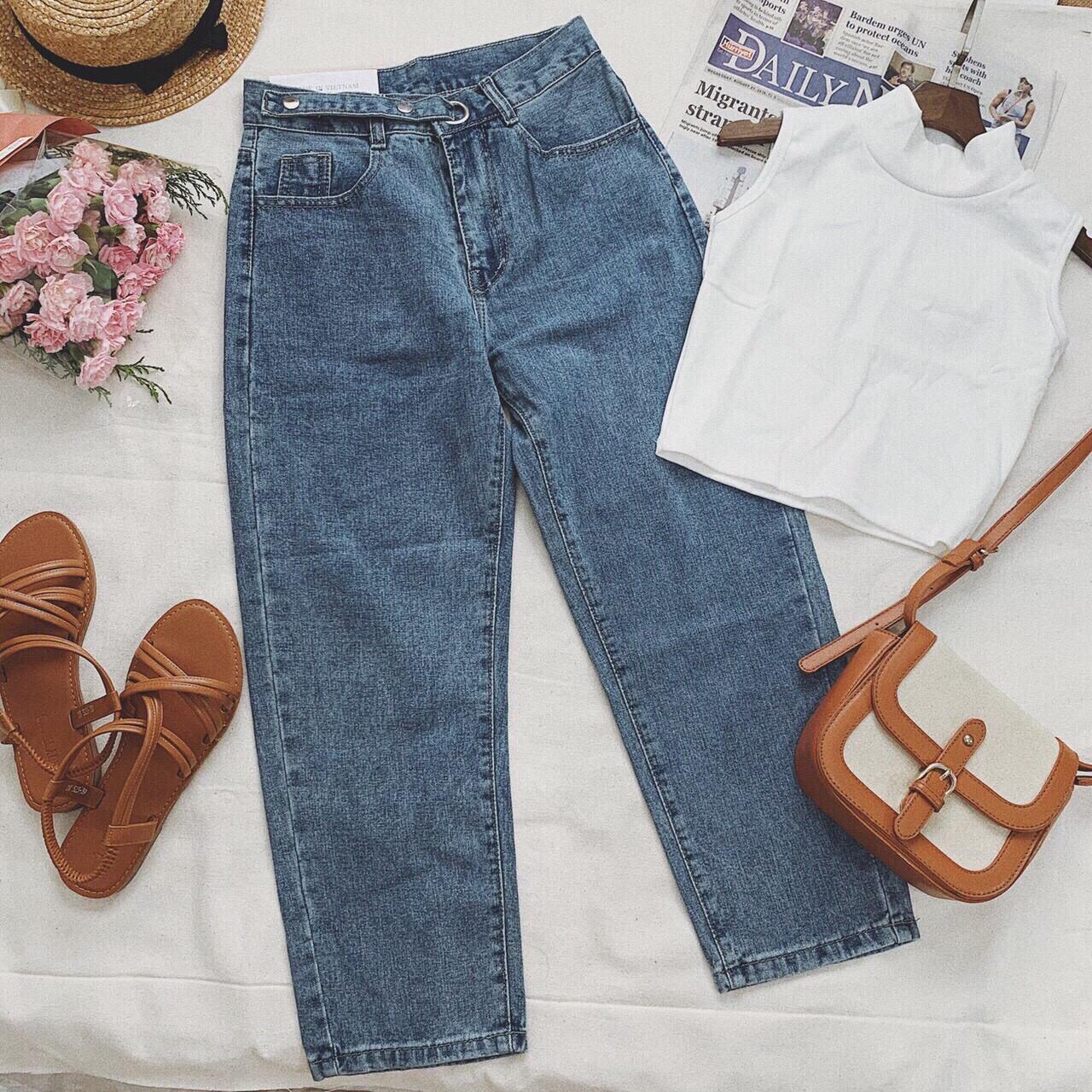 Quần Baggy Jean Lưng Cao Khoá Cài Siêu Đẹp