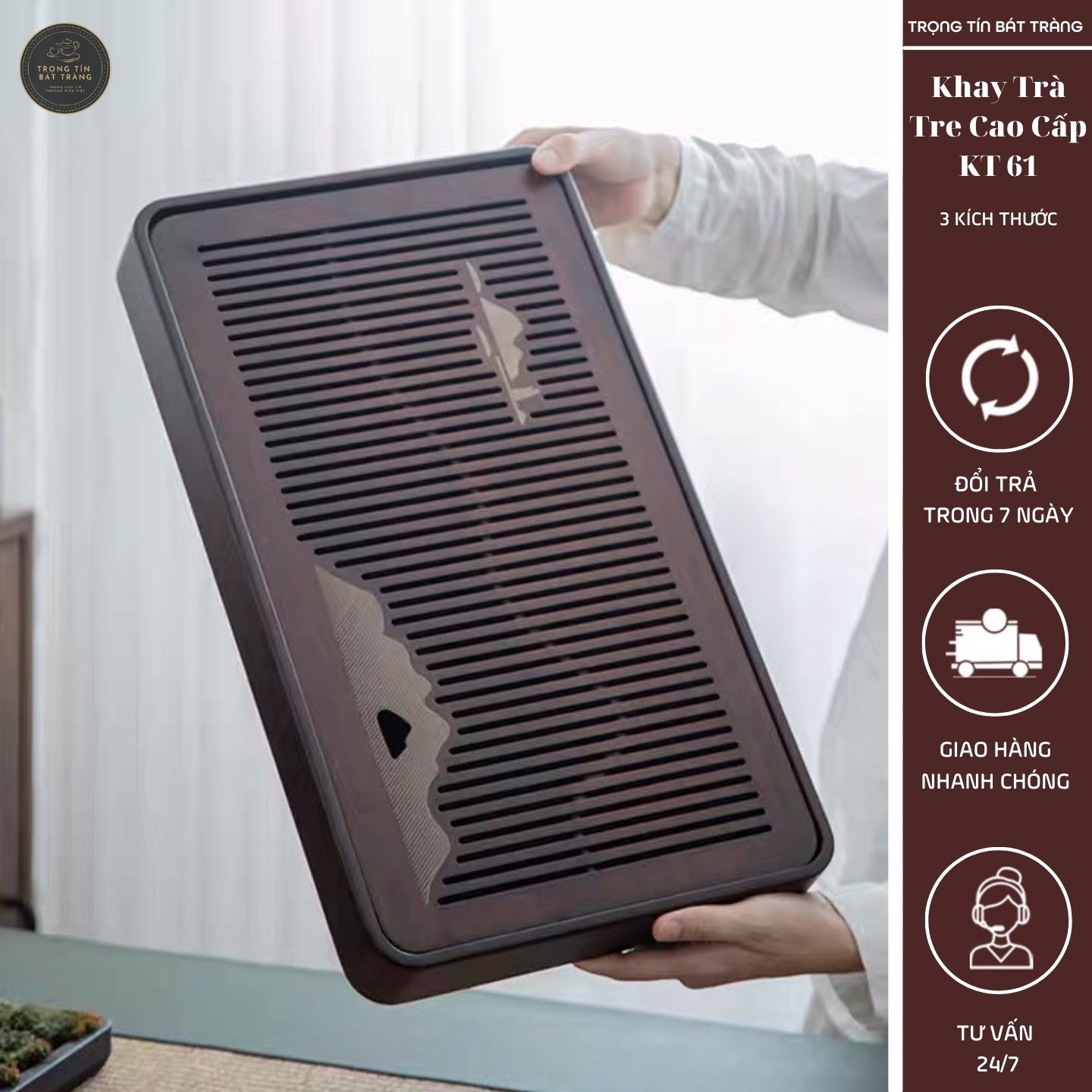Khay Trà Tre Cao Cấp Hình Chữ Nhật 3 Kích Thước KT 61