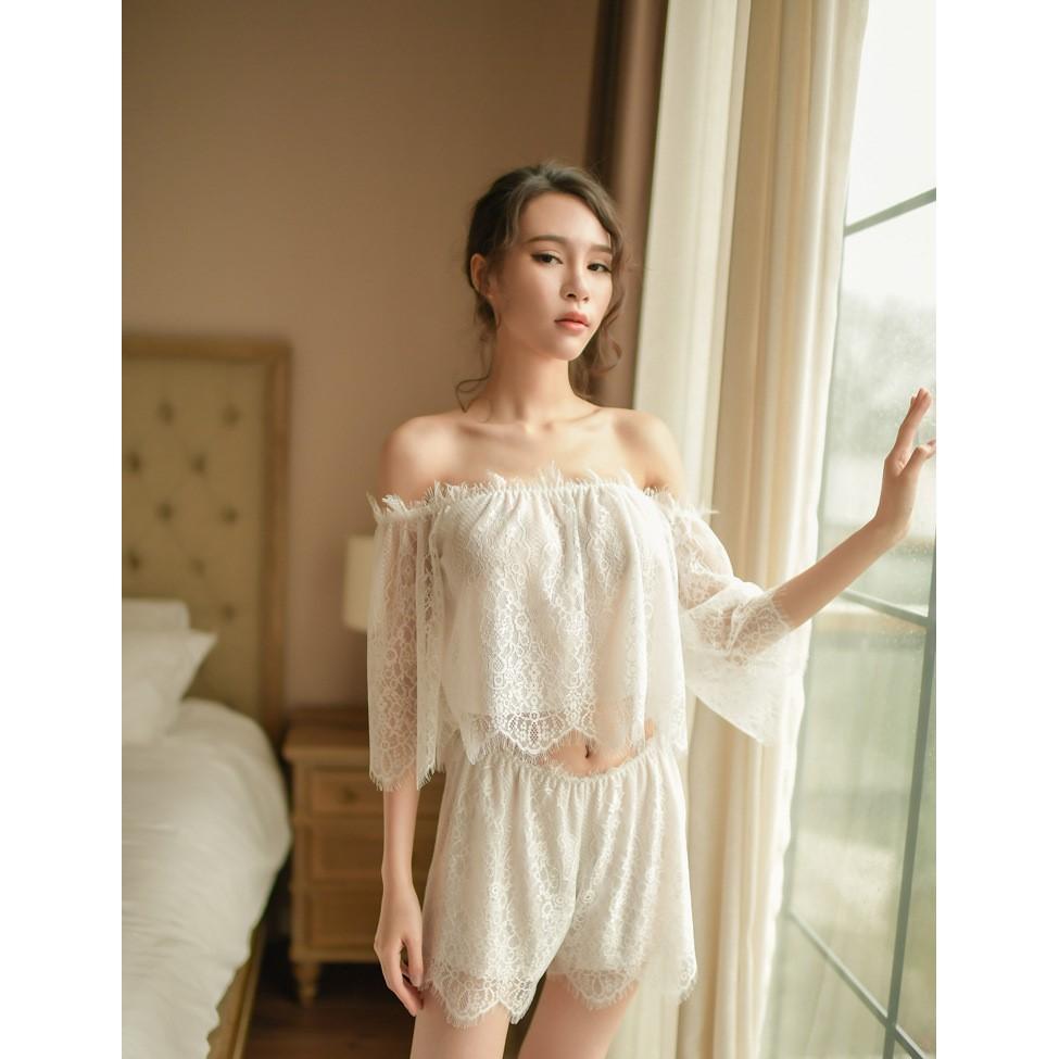 Bộ đồ ngủ ren cup ngực trễ vai tay lửng gợi cảm TK1243