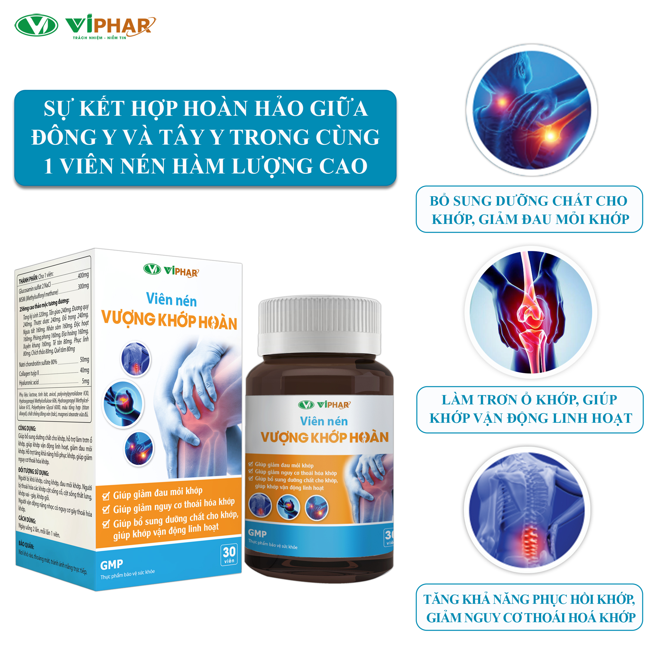 Viên Uống Hỗ Trợ Giảm Đau Mỏi Khớp, Khô Cứng Khớp, Thoái Hoá Khớp VƯỢNG KHỚP HOÀN VIPHAR Hộp 30 Viên