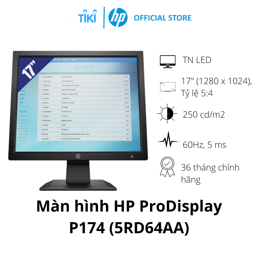 Màn hình HP P174 (17 Inch/Màn hình vuông 1280x1024/60Hz/5Ms/TN with LED backlight/Black-5RD64AA) - Hàng Chính Hãng