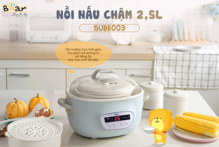 Nồi Nấu Chậm BEAR SUBE003, Nấu Cháo, Chưng Yến, Tiềm, Hấp Tự Động Hoàn Toàn Chống Trào Nước Chống Cháy Dung Tích 2.5L Phiên Bản Quốc Tế - Hàng Chính Hãng