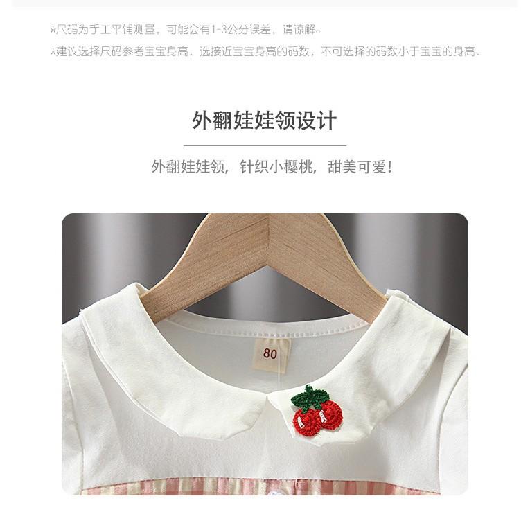Váy Đầm Bé Gái Ngắn Tay Caro Hồng, Cổ Sen Thêu Chery Đỏ, Cotton mát hút mồ hôi, Anna store