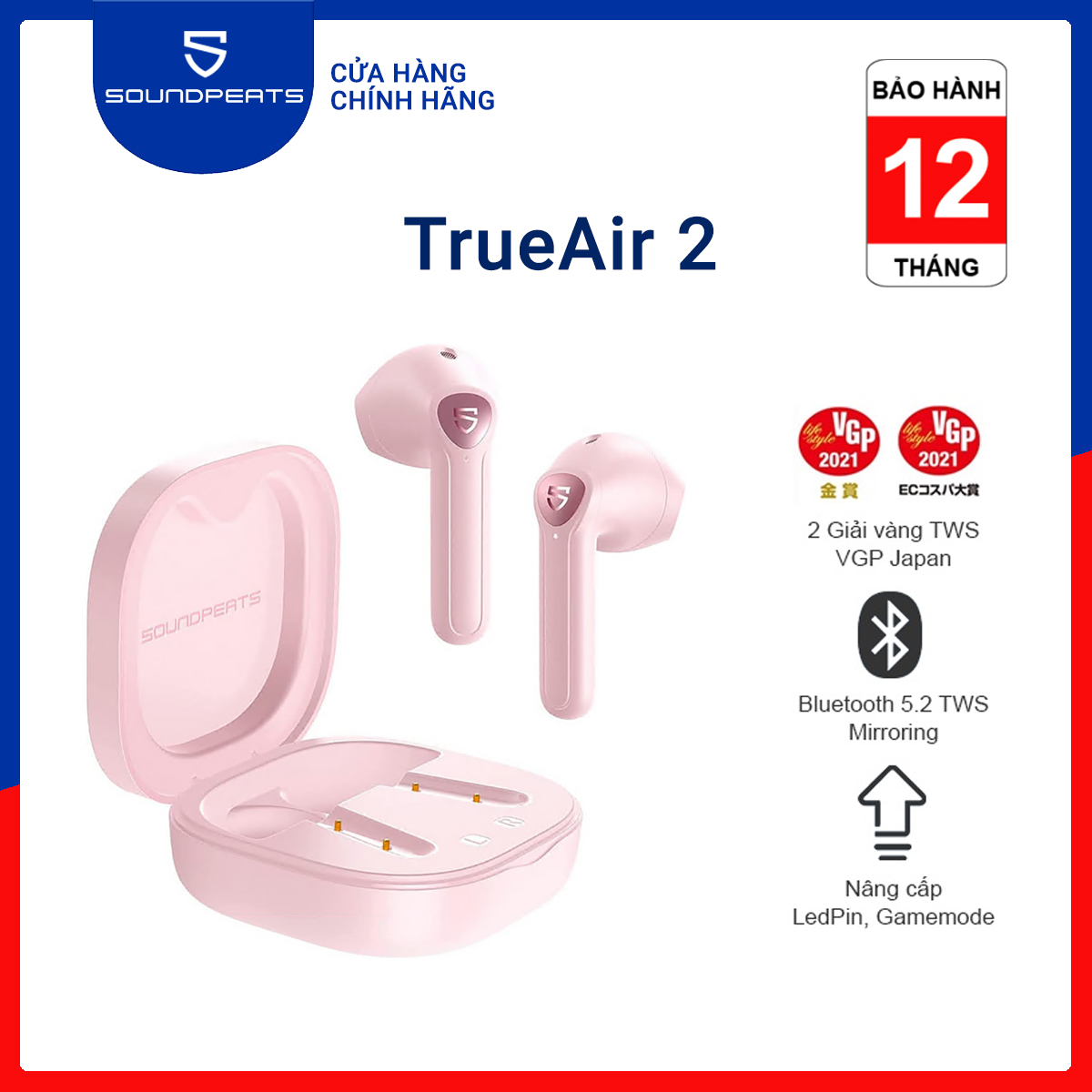 Tai Nghe True Wireless Earbuds SoundPEATS TrueAir 2 (Màu Hồng) - Hàng Chính Hãng