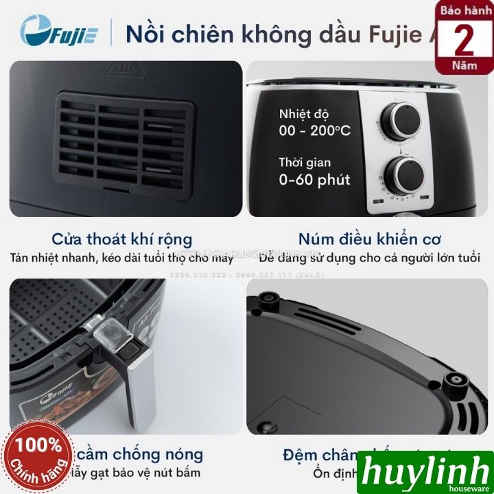 Nồi chiên không dầu Fujie AF7 - Dung tích 7.5 lít - Công suất 1700W - Núm vặn cơ - Hàng chính hãng