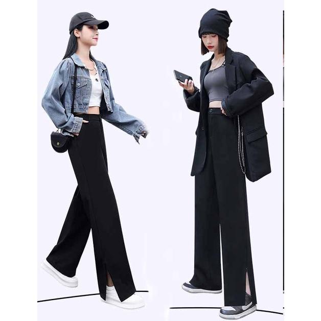 HÀNG THIẾT KẾ Quần Ống Rộng Suông xẻ tà có khóa kéo lưng cao chất tuyết mưa culottes cạp cao cho nữ