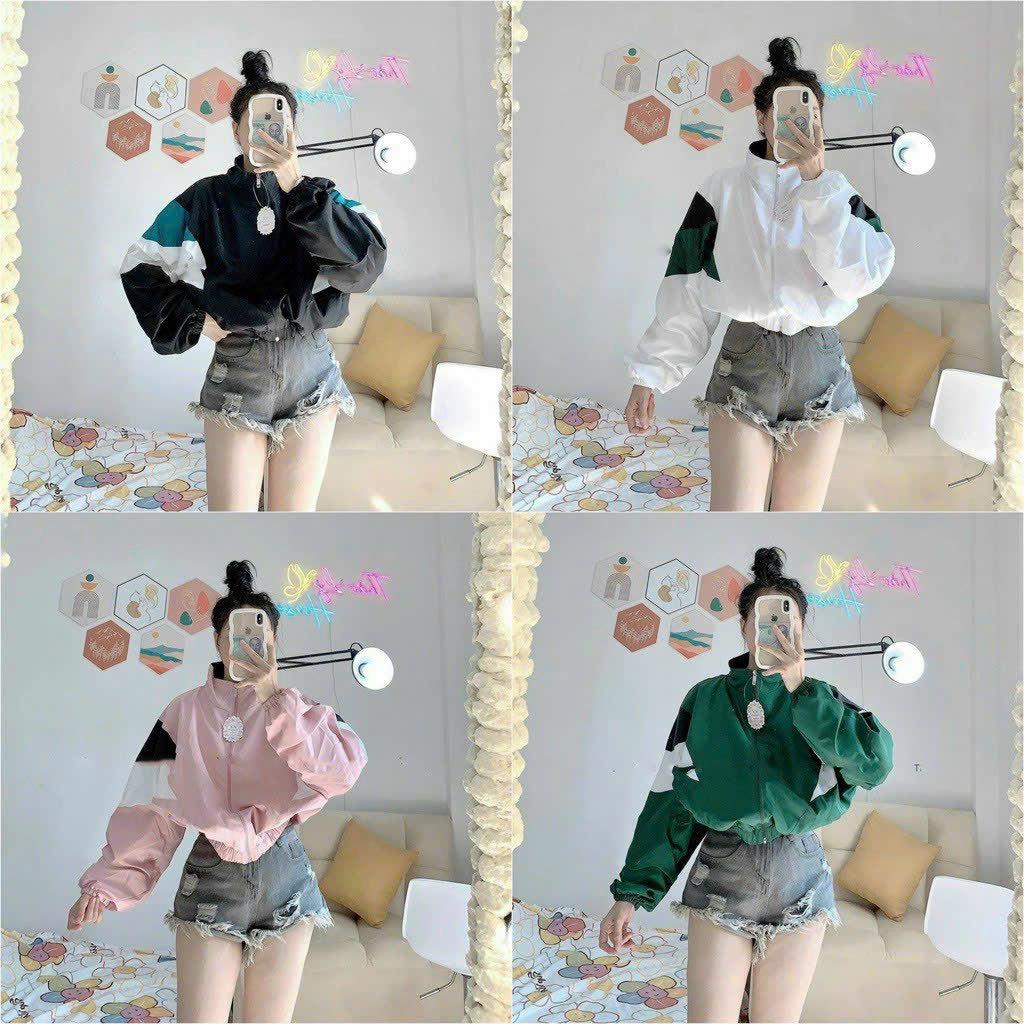 Áo Khoác Dù Nữ Croptop Form Rộng Cánh Dơi 2 Lớp Dày Dặn Phối Màu Siêu Đẹp
