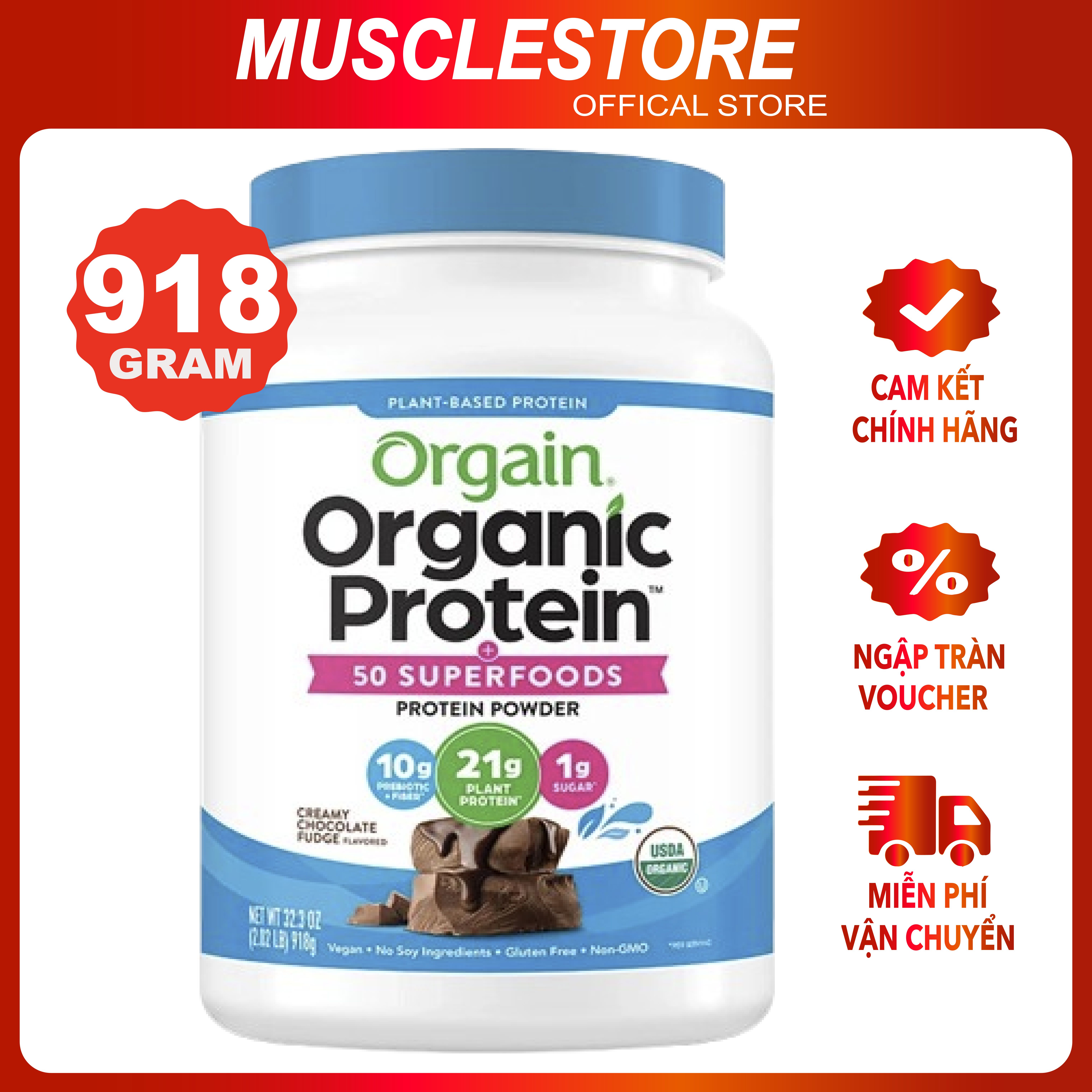 [Tem Công ty] Bột Protein Thực Vật Hữu Cơ Orgain Organic Protein 50 Superfoods (918g), Bổ Sung Đạm Cho Người Ăn Chay