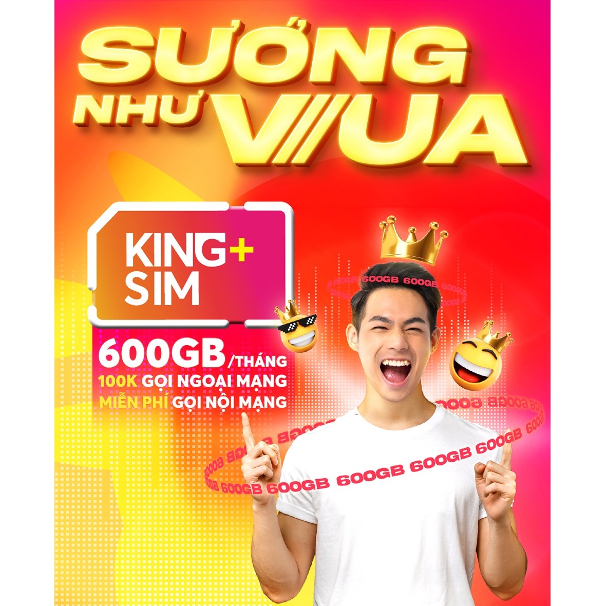 Sim 4G Vietnamobile KING PLUS 20GB/Ngày - 600GB/Tháng. Miễn Phí 50 Phút Gọi Ngoại Mạng + Free Nội Mạng. Tặng 100K Tài Khoản Chính. Dùng Trên Toàn Quốc Chỉ Với 90K/Tháng - Hàng Chính Hãng