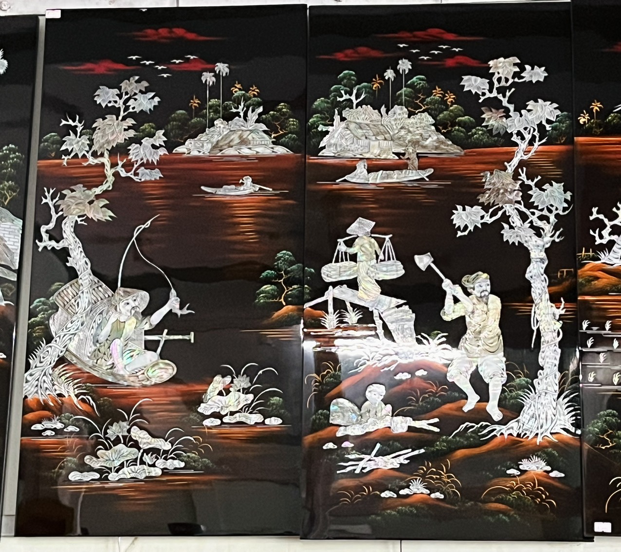 Bộ Tranh Sơn Mài 4 Tấm - NGƯ TIỀU CANH MỤC | Khảm Cừ Chìm Cao Cấp | Size 80x160 cm