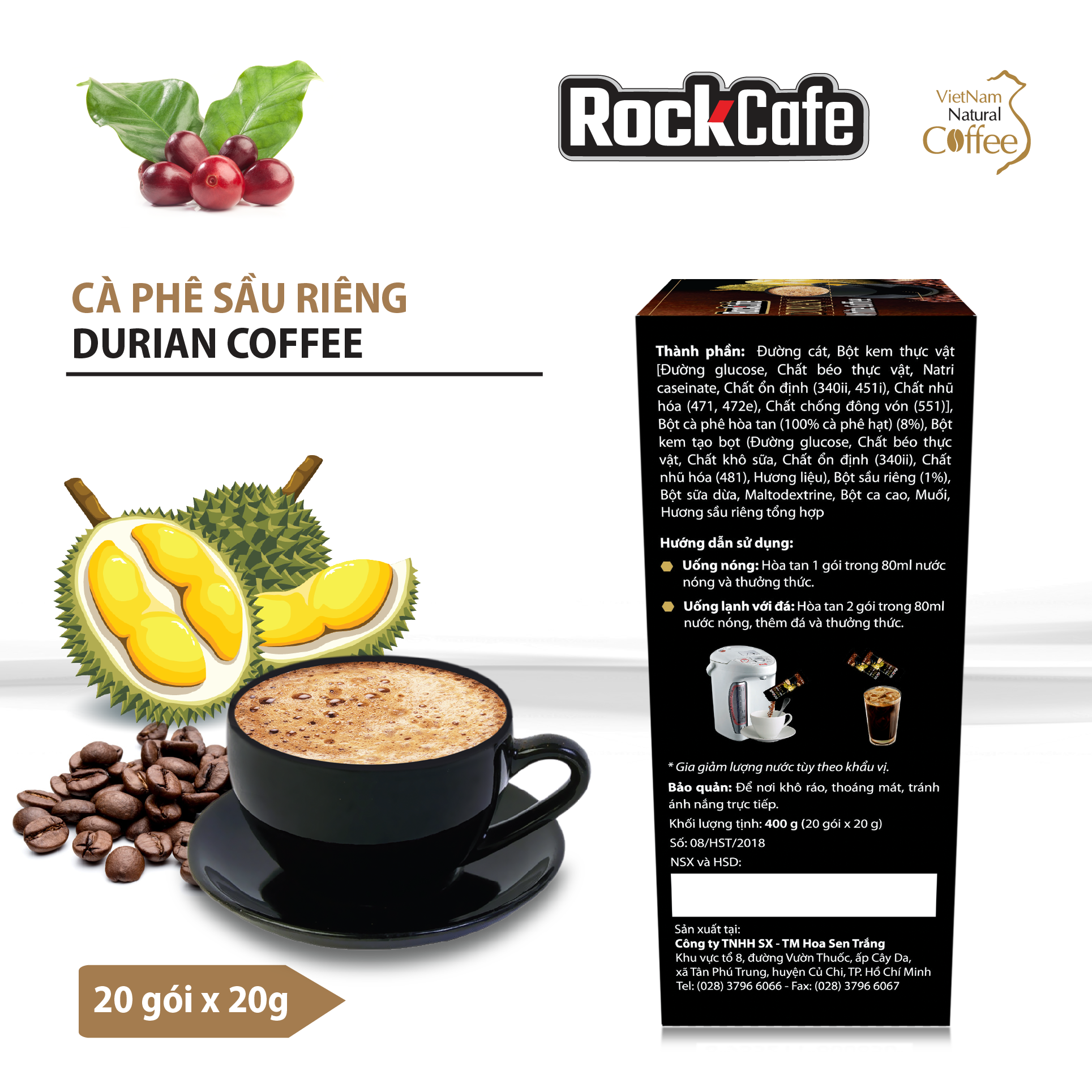 Hộp 20 gói Cà phê Sầu riêng ROCKCAFE (20g/gói)