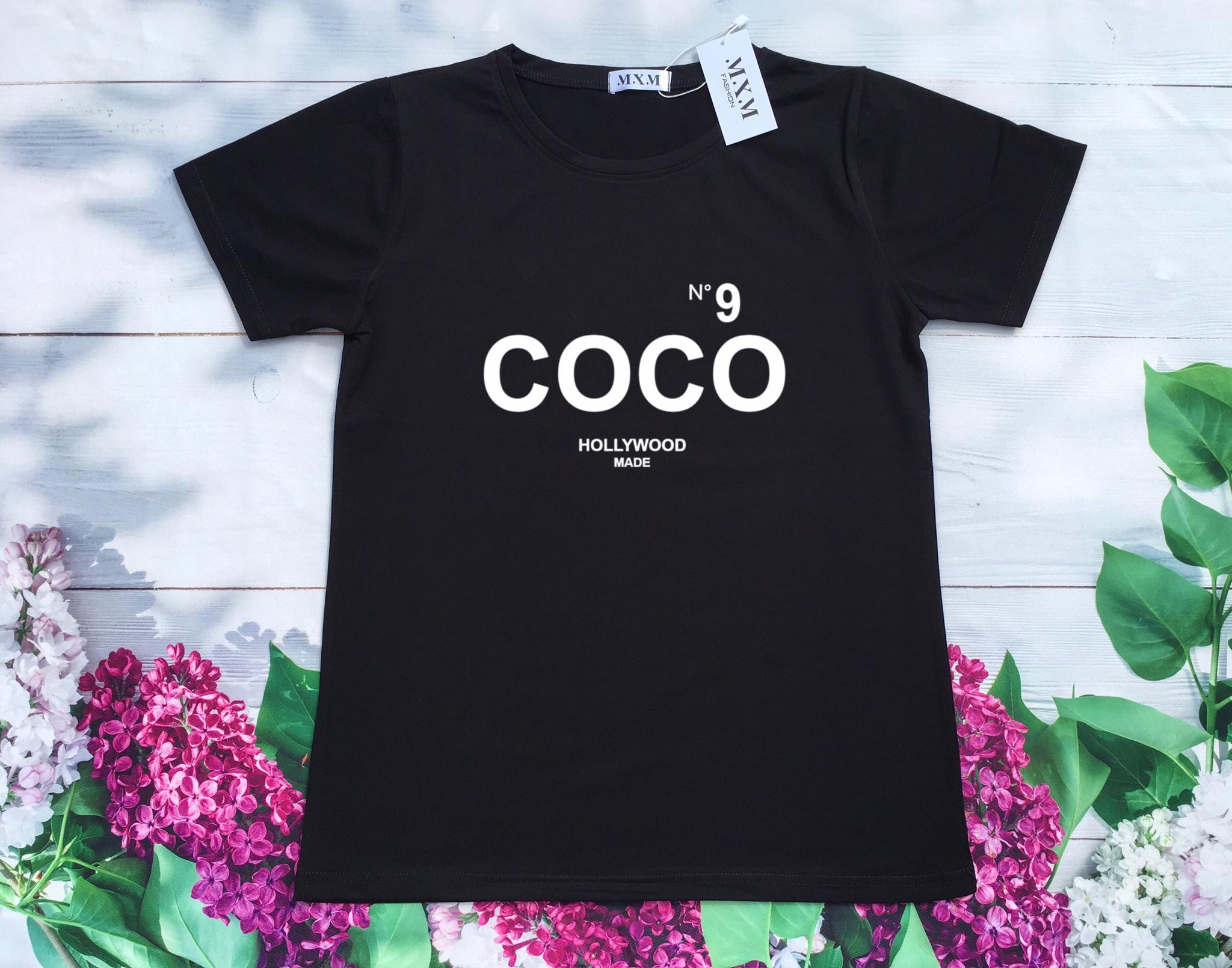 Áo thun nữ MXM form vừa in chữ COCO cotton 4 chiều