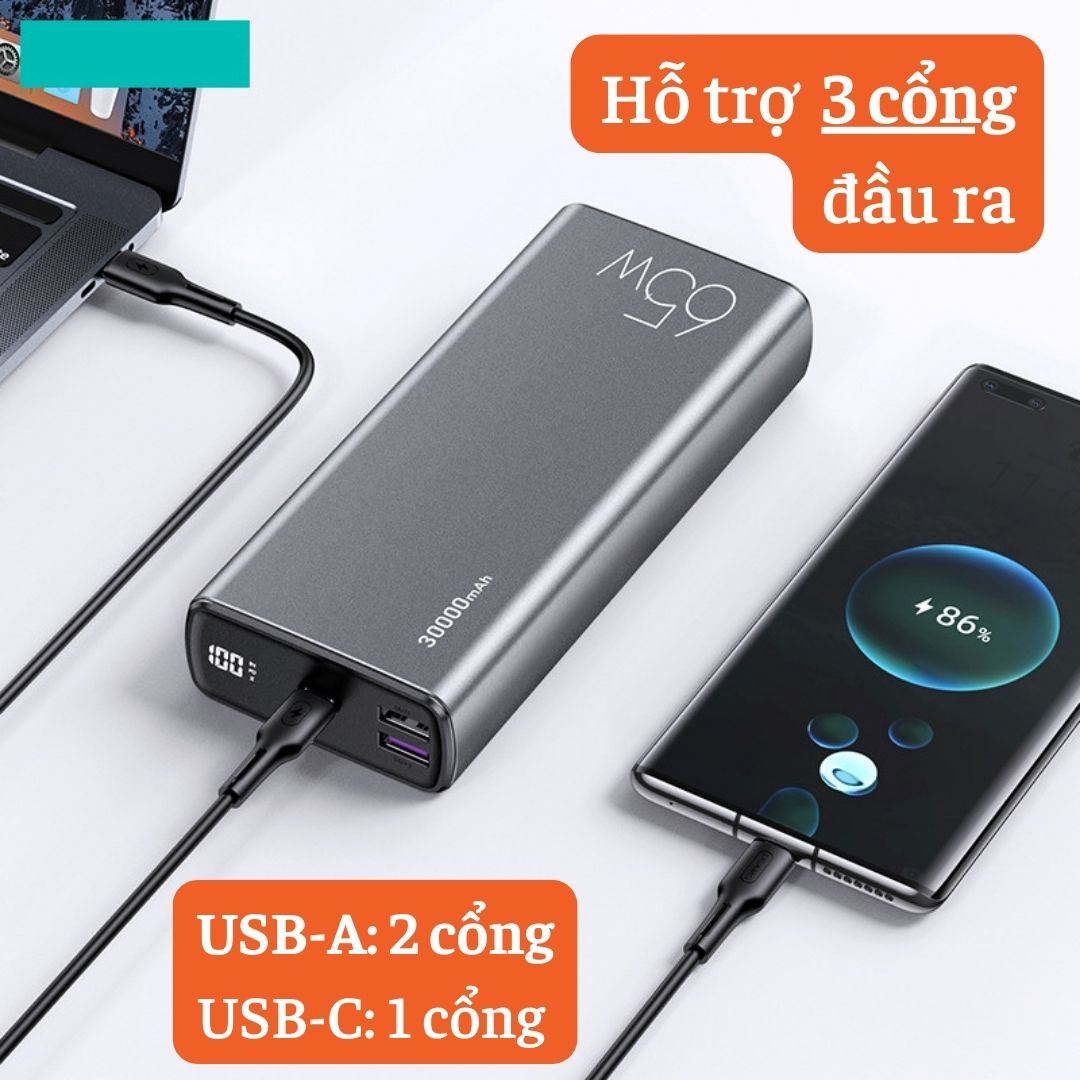 Pin Sạc Dự Phòng 30000mah sạc nhanh 65W PD hỗ trợ sạc cho laptop - sạc dự phòng 20000mah có hiển thị phần trăm pin