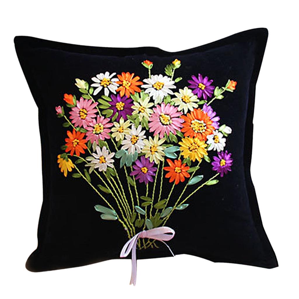 2pcs Daisy Flower Ribbon Cross Stitch Kits Embroidery Car Cushion Covers DIY