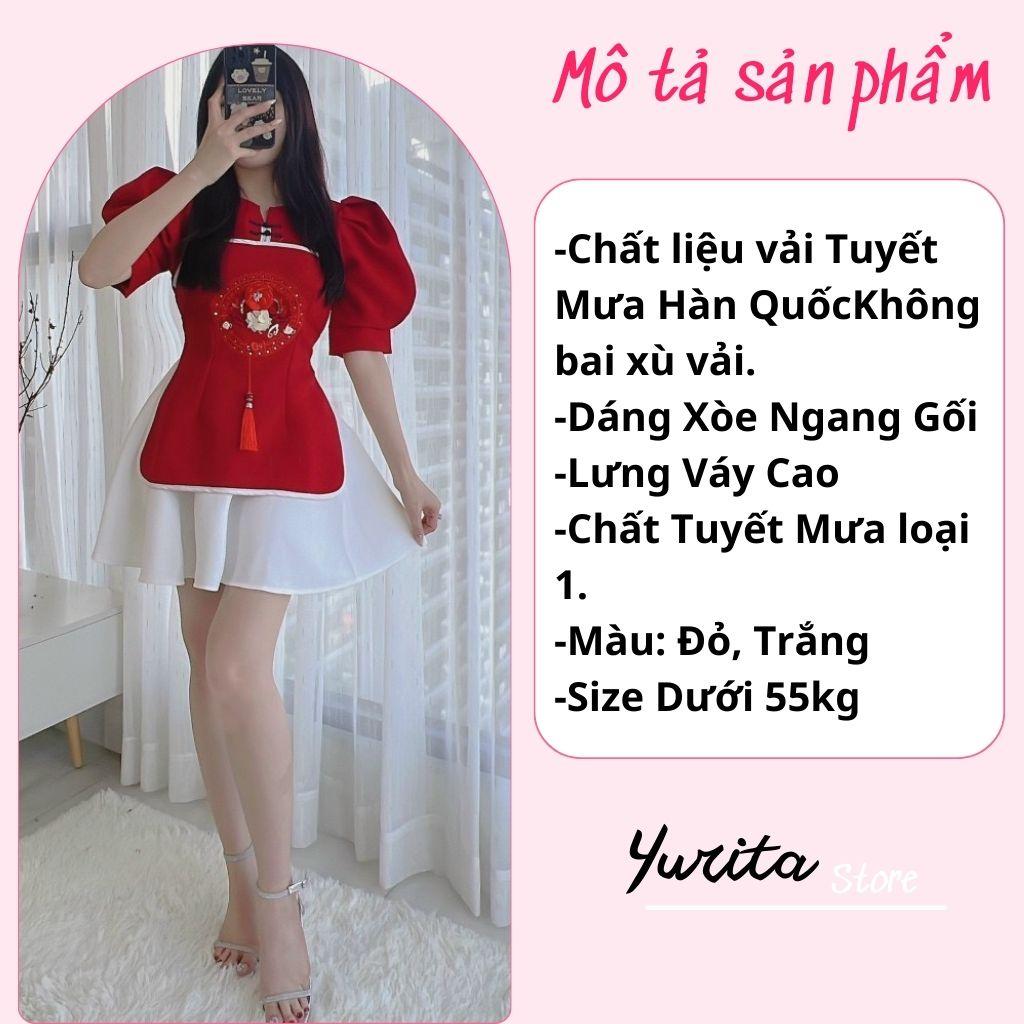 Áo Dài Tết, Set Áo Dài Cách Tân Nữ Yurita Áo Dài Màu Đỏ Tay Phồng Phối Chân Váy Thiết Kế Sang Trọng Hiện Đại